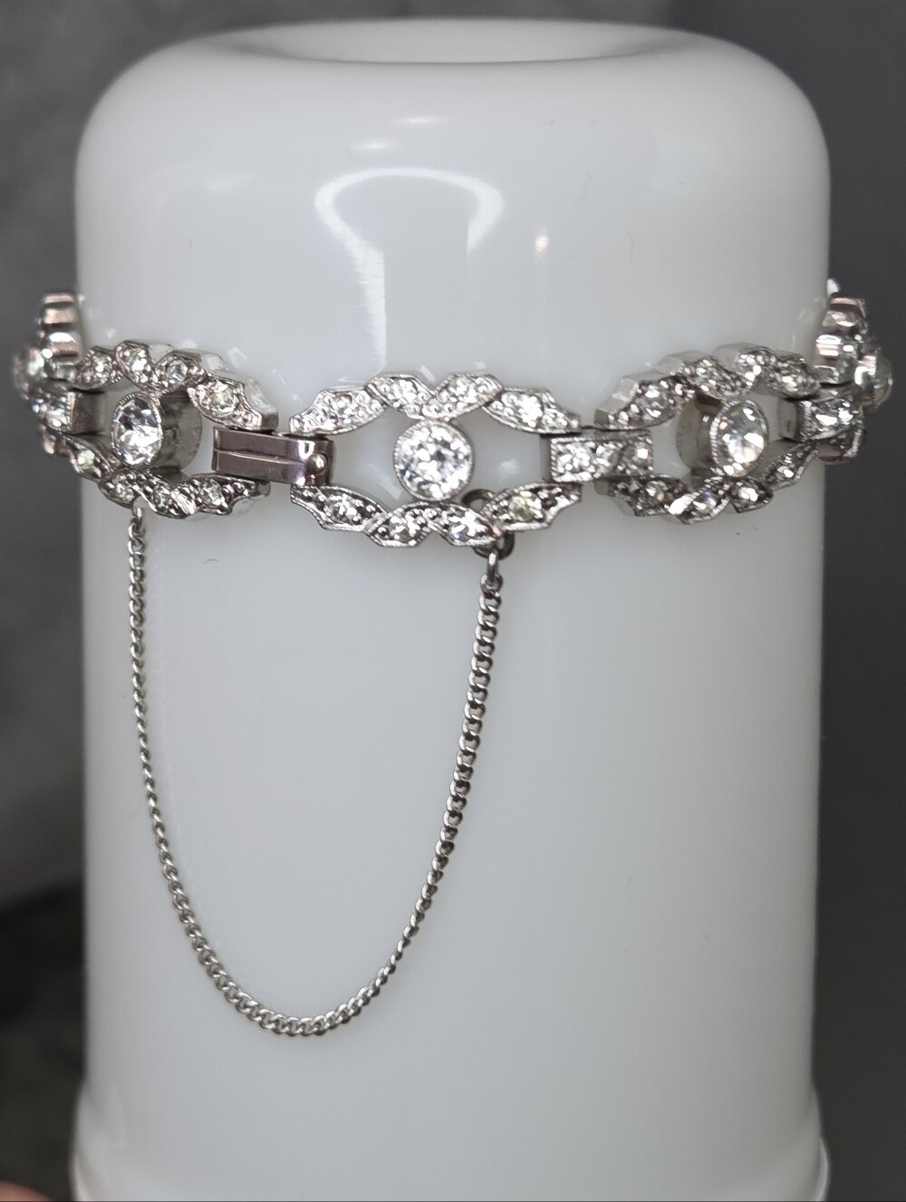 Vintage EB Engel Brothers Art Deco Rhinestone Link Bracelet Rhodium Safety Chain